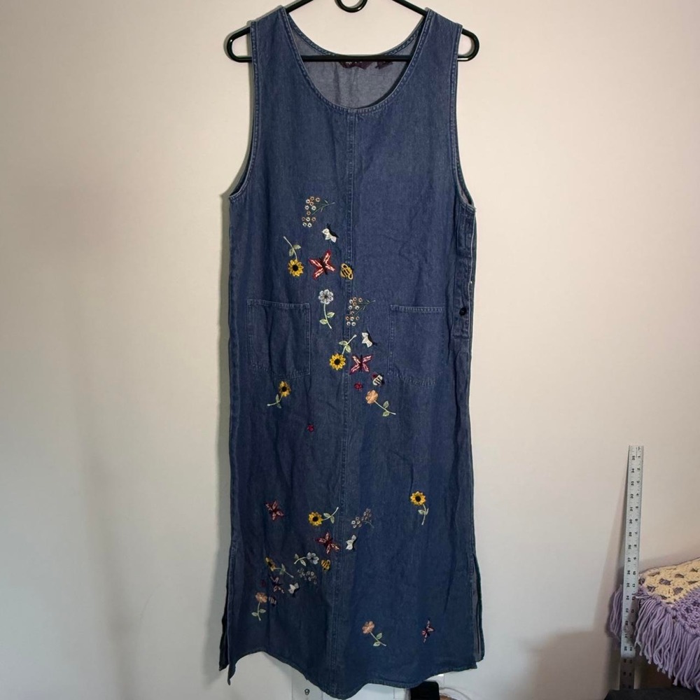 vintage 90's Agapo blue denim dress with embroidered flowers
